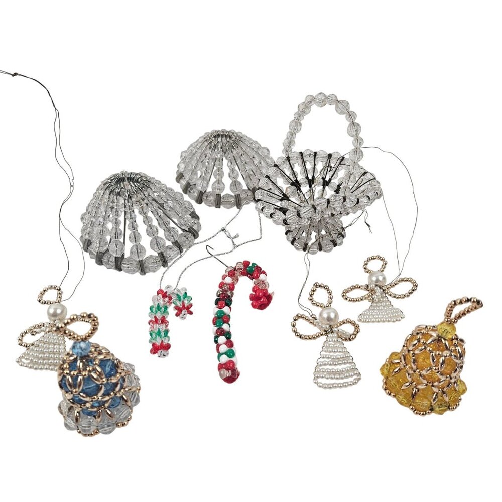 Vintage Beaded Ornaments Acrylic Angel Basket Bells Cones Candy Canes Christmas